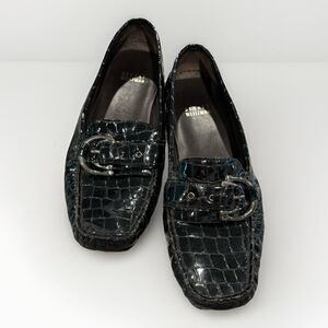 Stuart Weitzman Sioux Croc Patent Leather Loafers Womens 8 N Black Embossed
